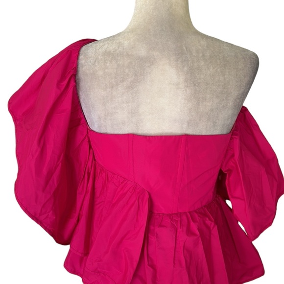 NWT Zara Fuschia Pink Voluminous Asymmetric One Shoulder Ruffled Crop Top - M - Picture 12 of 16